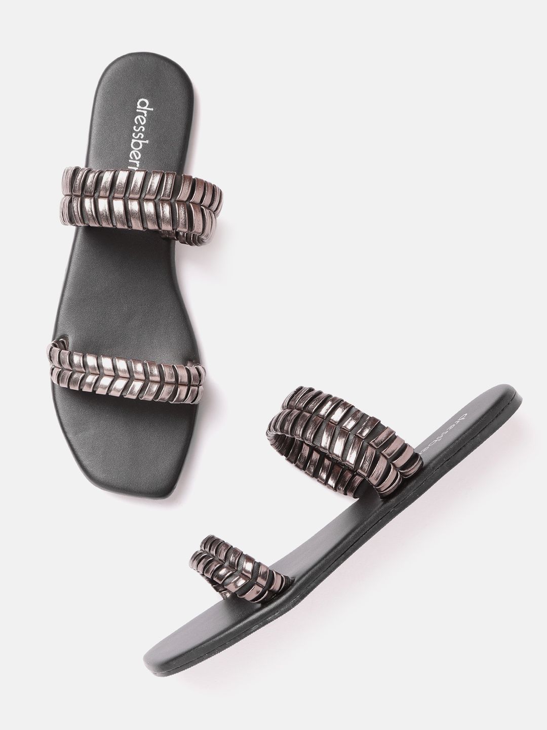 DressBerry Women Black & Gunmetal-Toned Woven Design Open Toe Flats Price in India