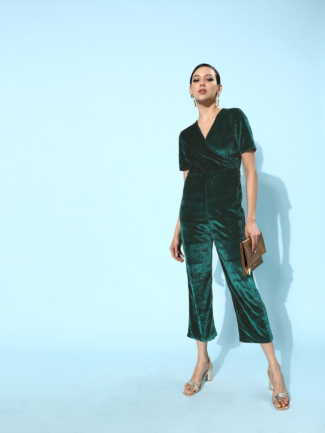 DODO & MOA Women Teal Solid Velvet Jumpsuit Price in India