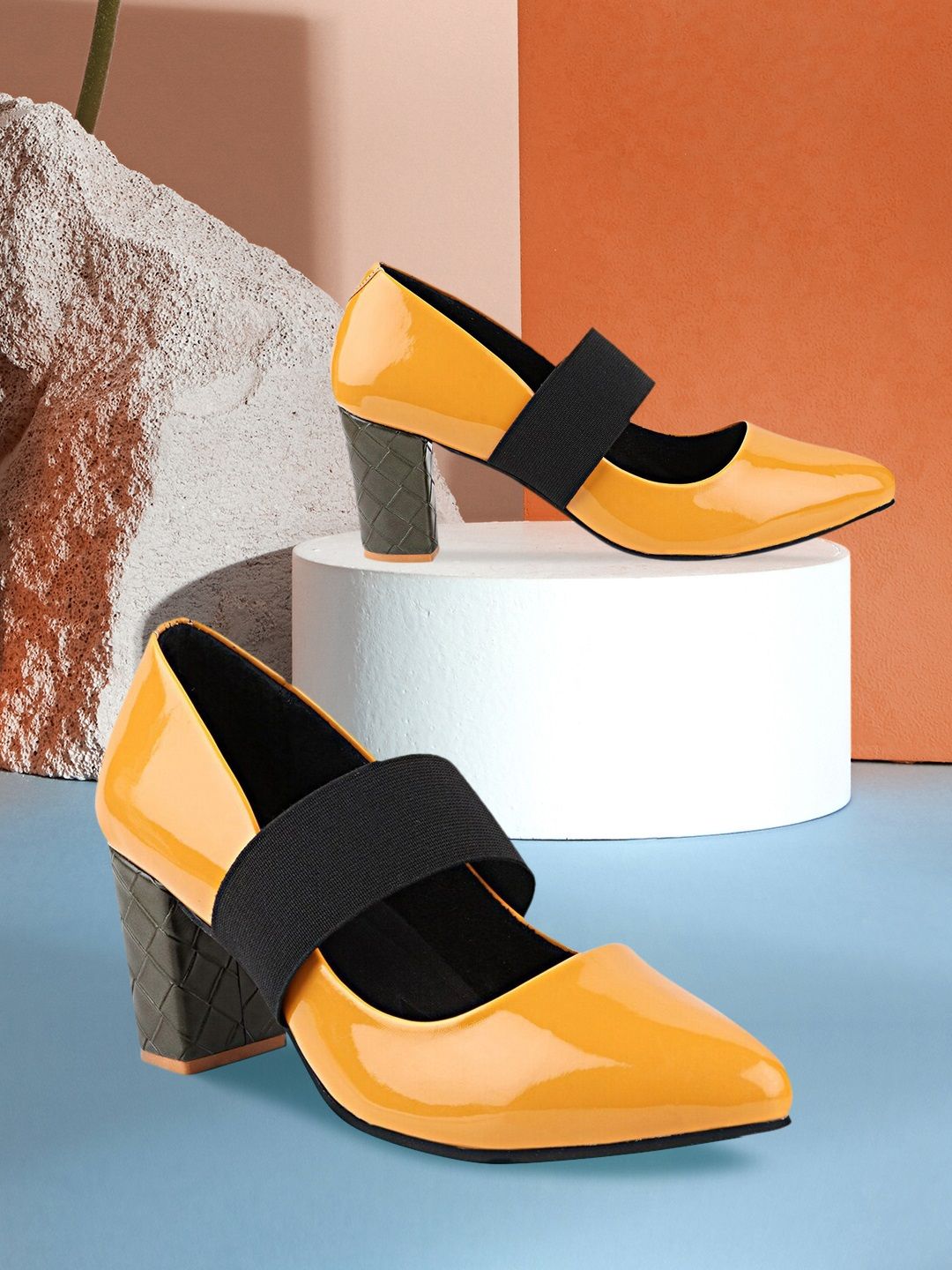 Shoetopia Yellow Colourblocked Block Pumps Price in India