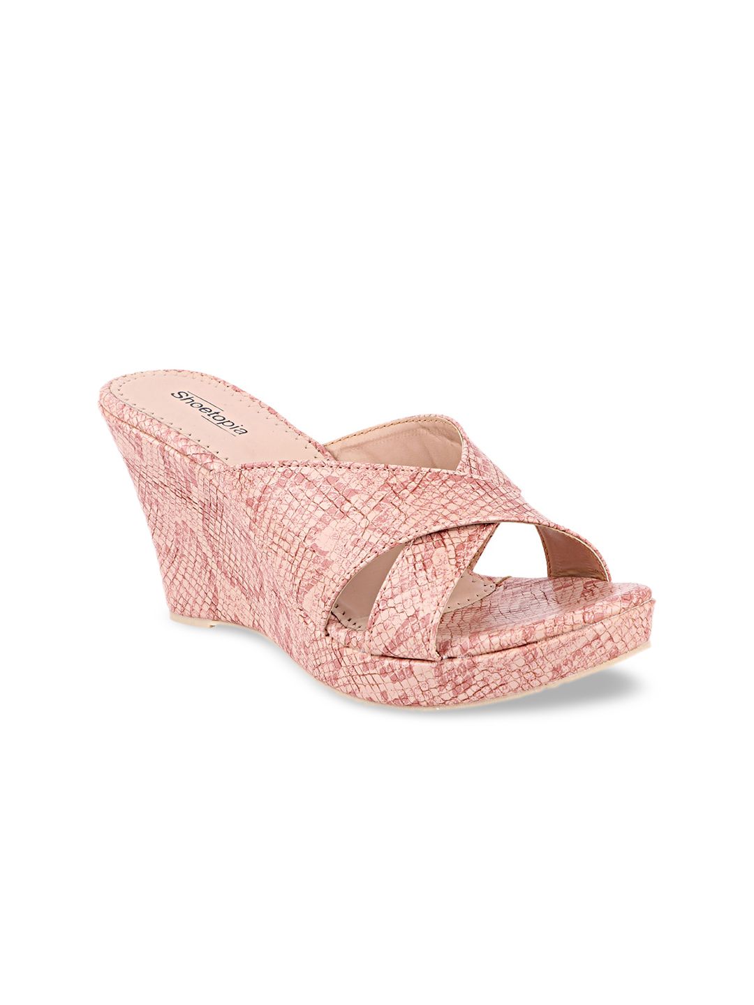 Shoetopia Peach-Coloured Printed Wedge Peep Toes Price in India