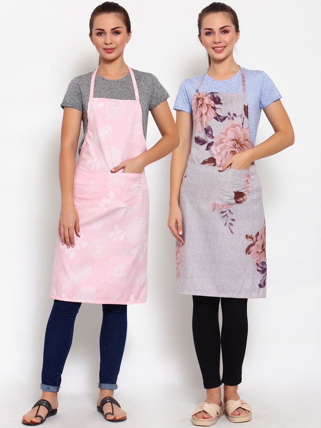 Arrabi Pack of 2 Pink & Grey Printed Apron Price in India