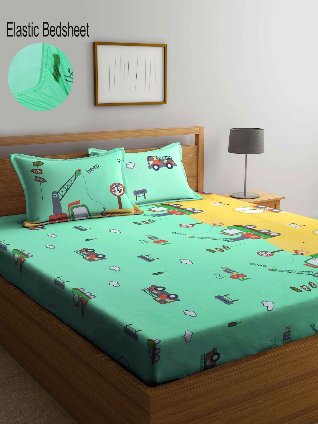 KLOTTHE Green & Yellow Graphic 300 TC Fitted Double Bedsheet with 2 Pillow Covers Price in India