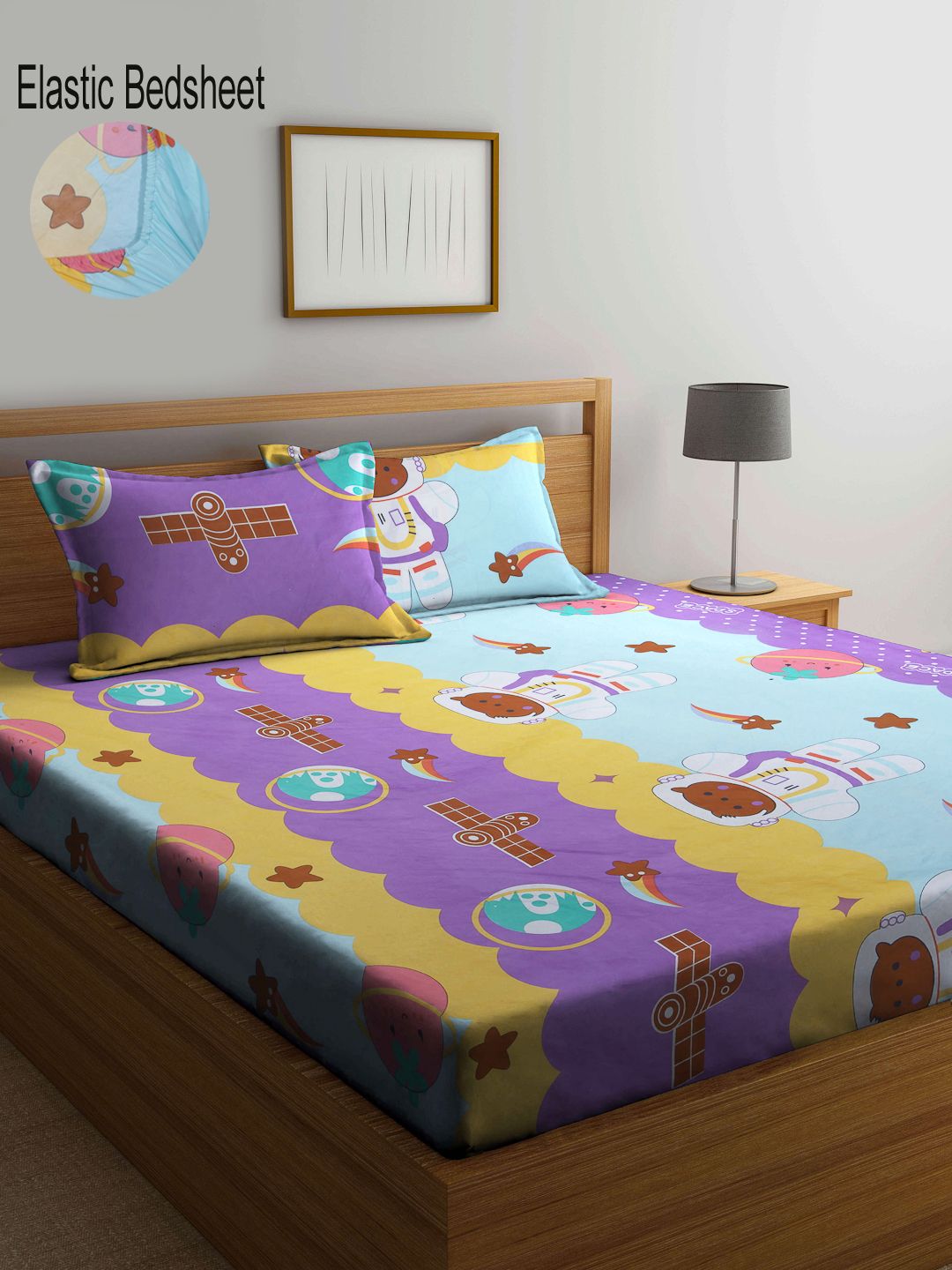 KLOTTHE Yellow & Lavender Graphic 300 TC King Bedsheet with 2 Pillow Covers Price in India