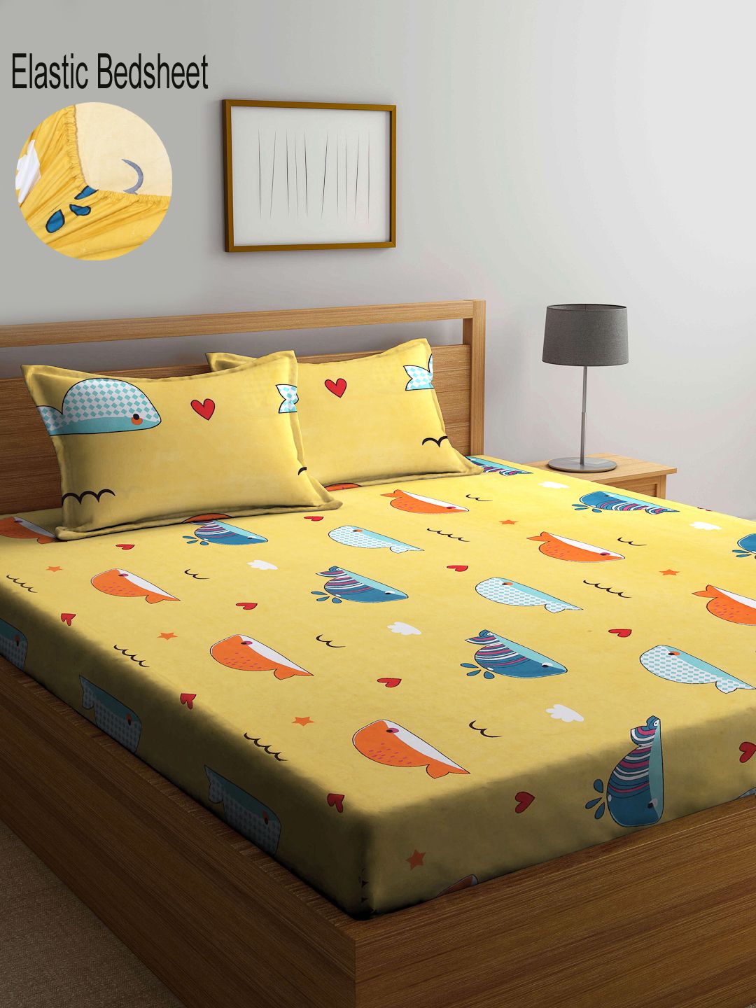 KLOTTHE Yellow & Blue Graphic 300 TC King Bedsheet with 2 Pillow Covers Price in India