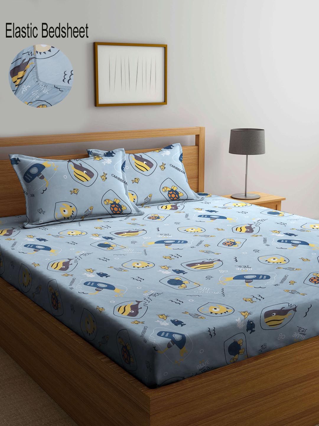 KLOTTHE Blue & Yellow Graphic 300 TC King Bedsheet with 2 Pillow Covers Price in India