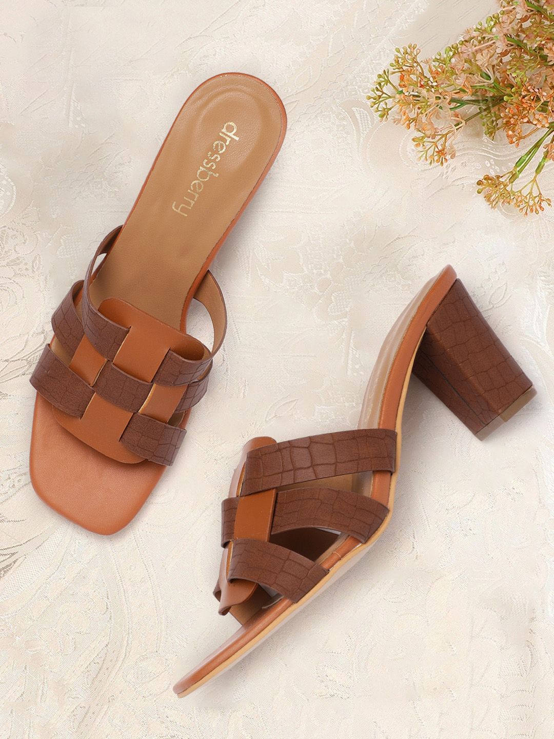 DressBerry Tan & Brown Textured PU Block Sandals Price in India