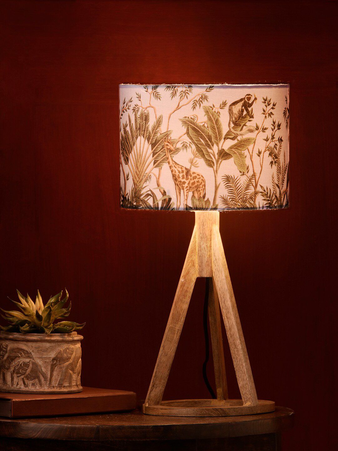 green girgit Green & Beige Jungle Printed Wooden Table Lamp Price in India