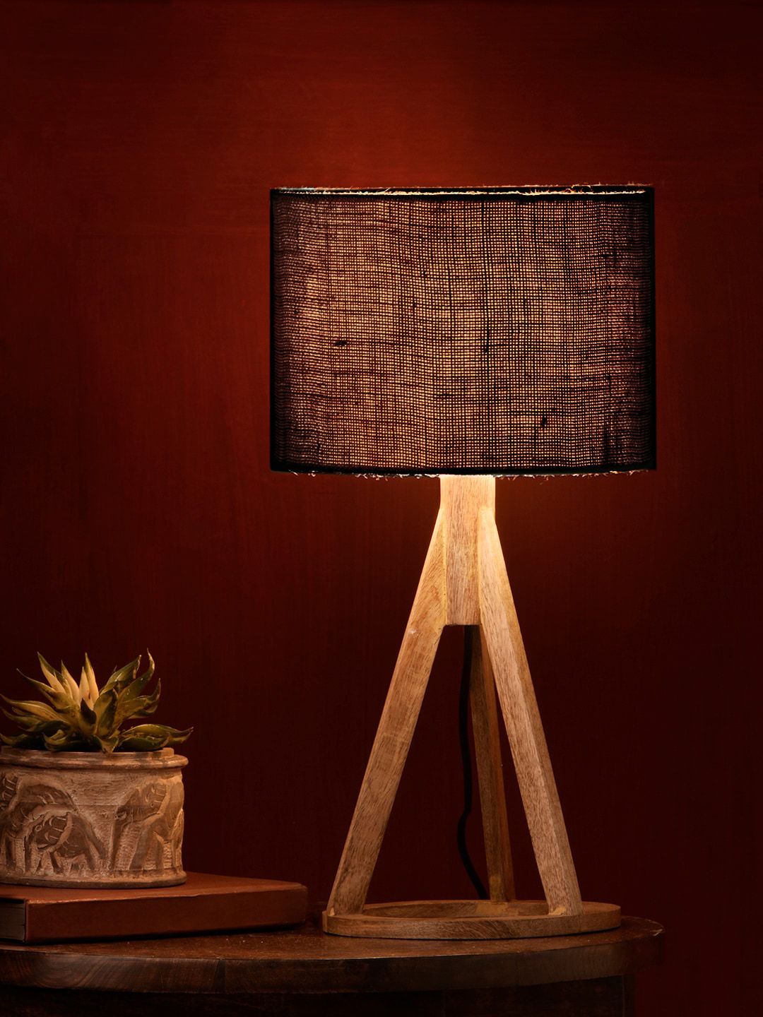 green girgit  Black Solid Cylindrical Trio Wooden Lamp Price in India