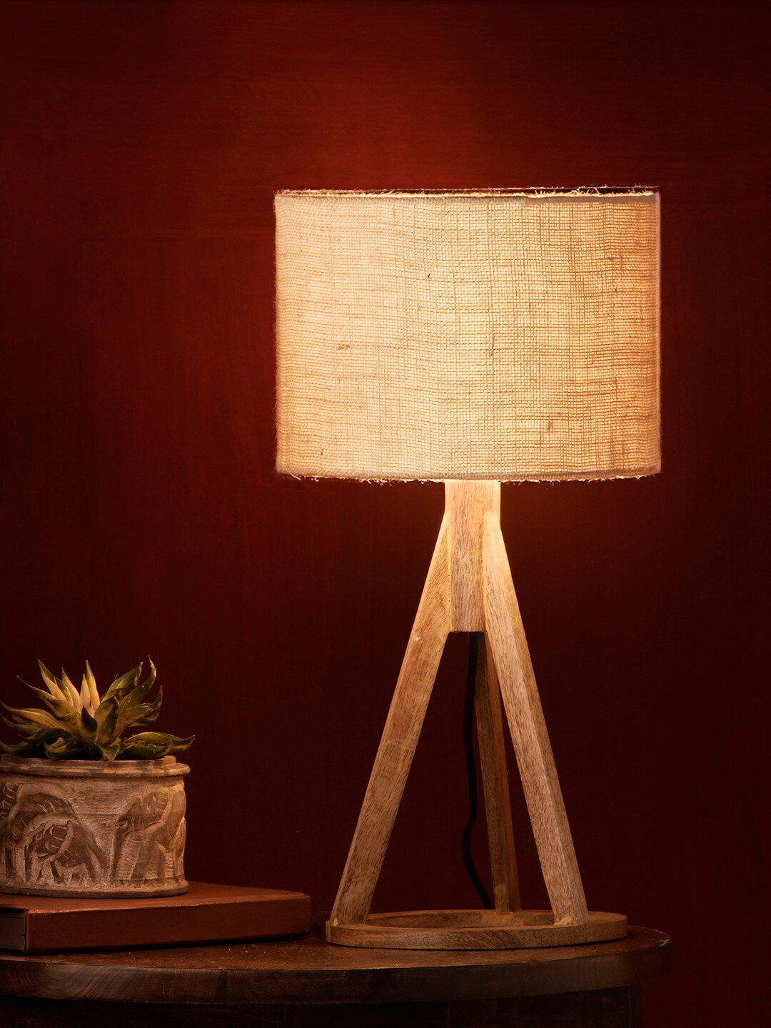 green girgit White Solid Contemporary Table Wooden Lamp with Shade Price in India