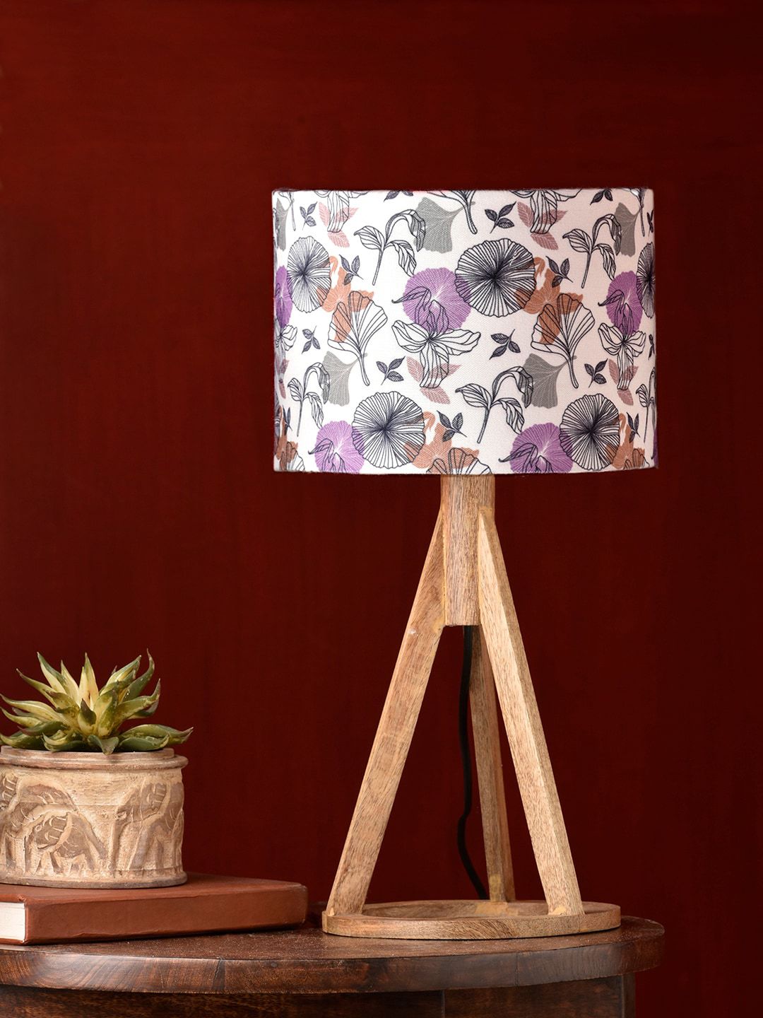 green girgit Brown & White Floral Print Gardenia Trio Wooden Table Lamp Price in India