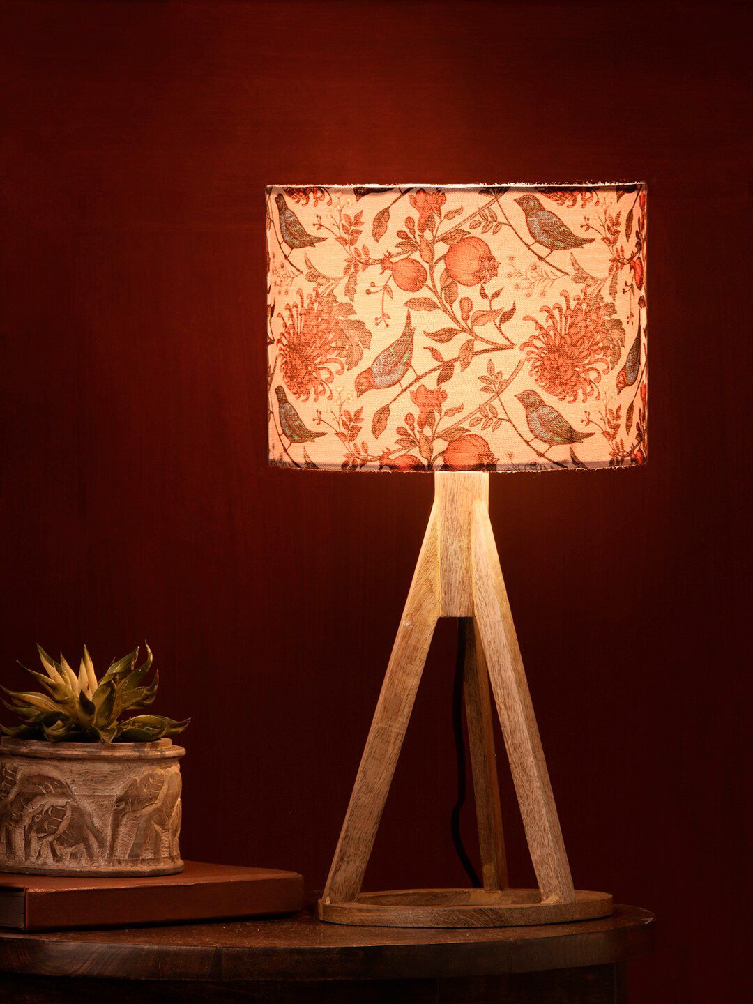 green girgit Brown & Pink Printed Birdy Trio Wooden Table Lamp Price in India
