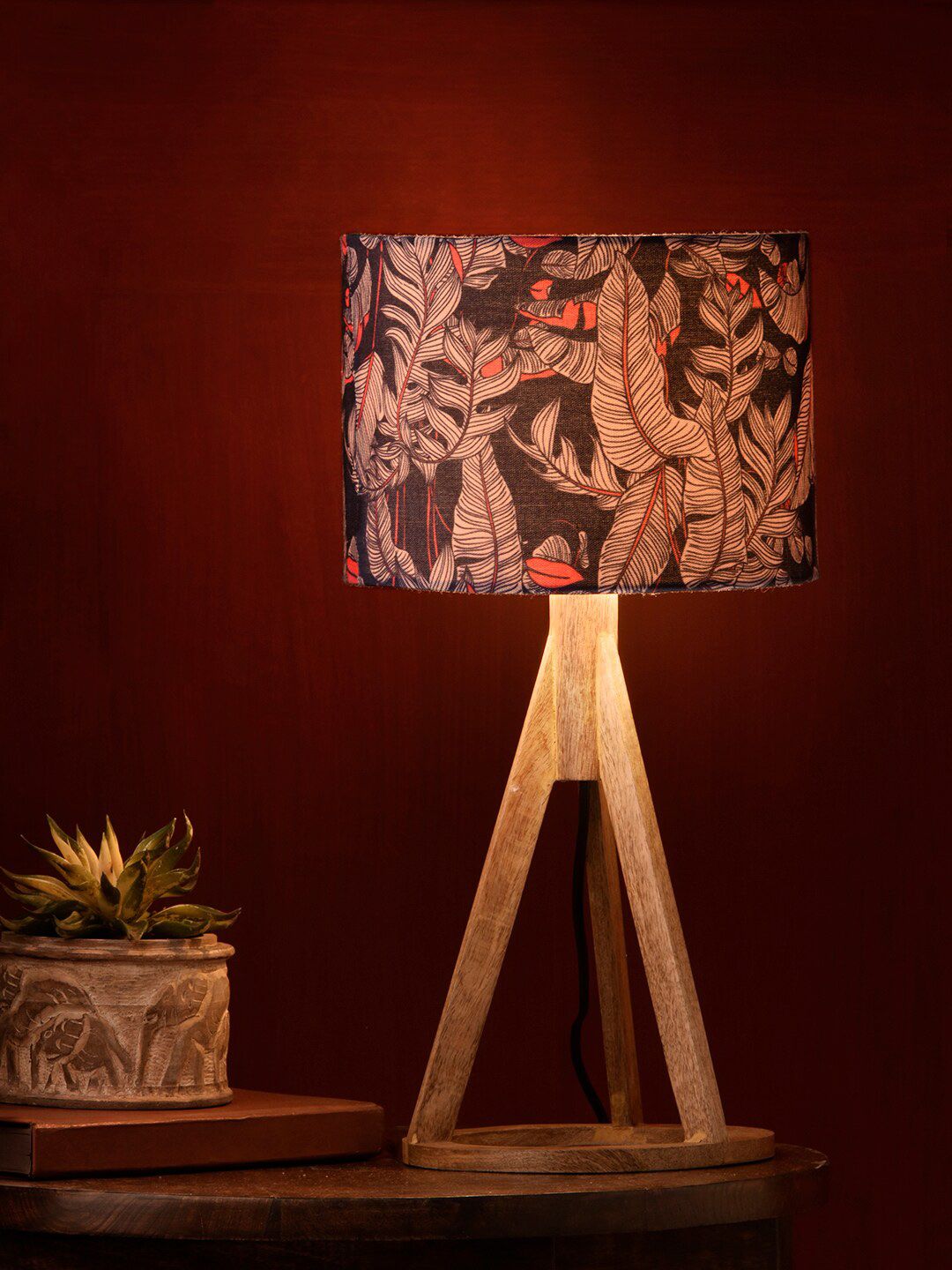 green girgit Brown & Blue Leaves Trio Wooden Table Lamp Price in India