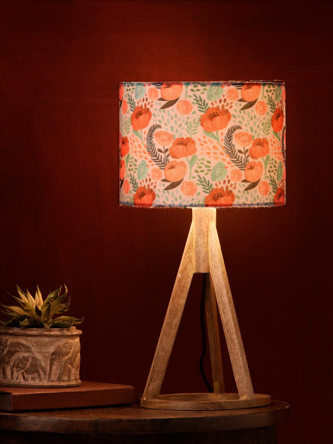 green girgit Brown Roses Trio Wooden Lamp with Shade Price in India