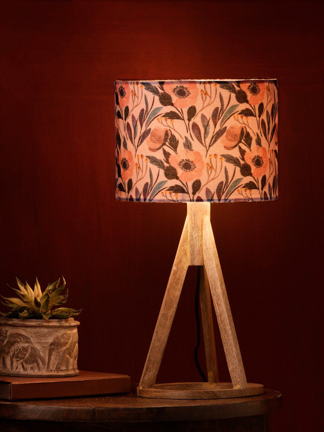 green girgit Pink & Blue Floral Printed Wooden Table Lamp Price in India