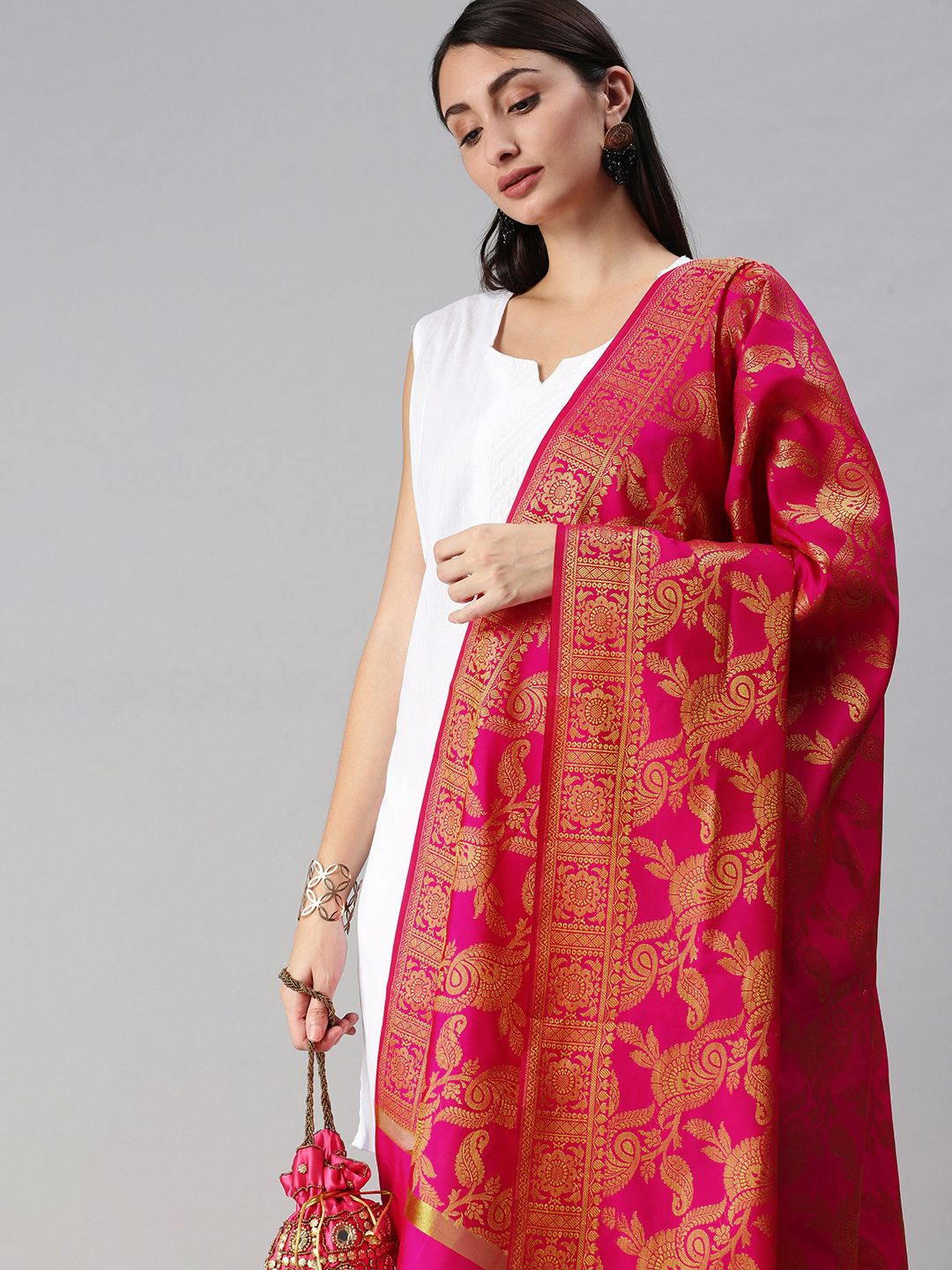 swatika Pink & Gold-Toned Ethnic Motifs Woven Design Banarasi Handloom Dupatta with Zari Price in India