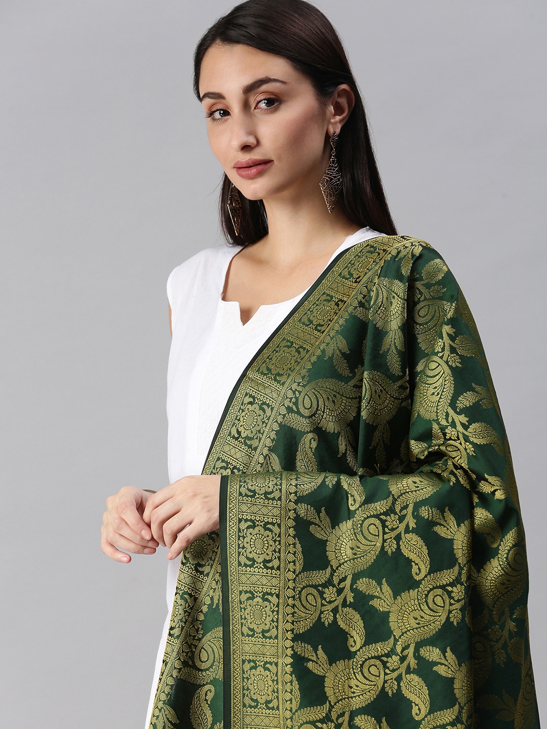 swatika Green & Gold-Toned Ethnic Motifs Woven Design Banarasi Handloom Dupatta with Zari Price in India