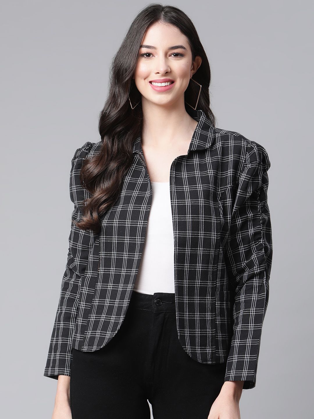 Cottinfab Women Black White Pure Cotton Checked Tailored Jacket Price in India
