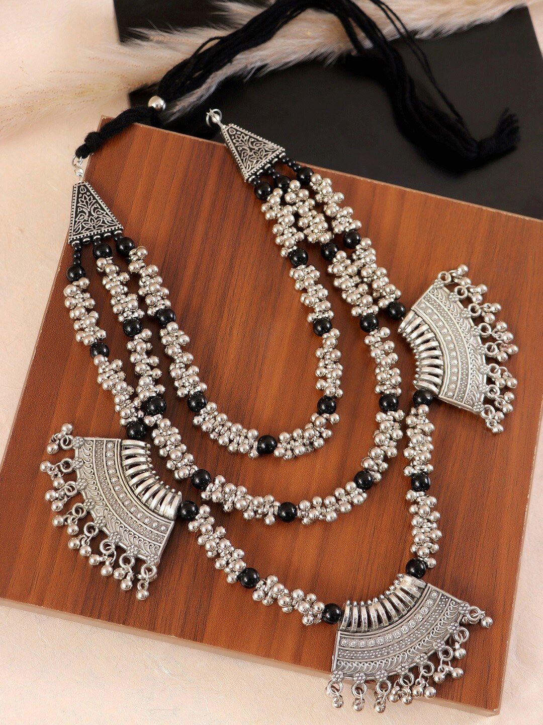 Crunchy Fashion Oxidised Silver-Plated & Black German Silver Layered Necklace Price in India