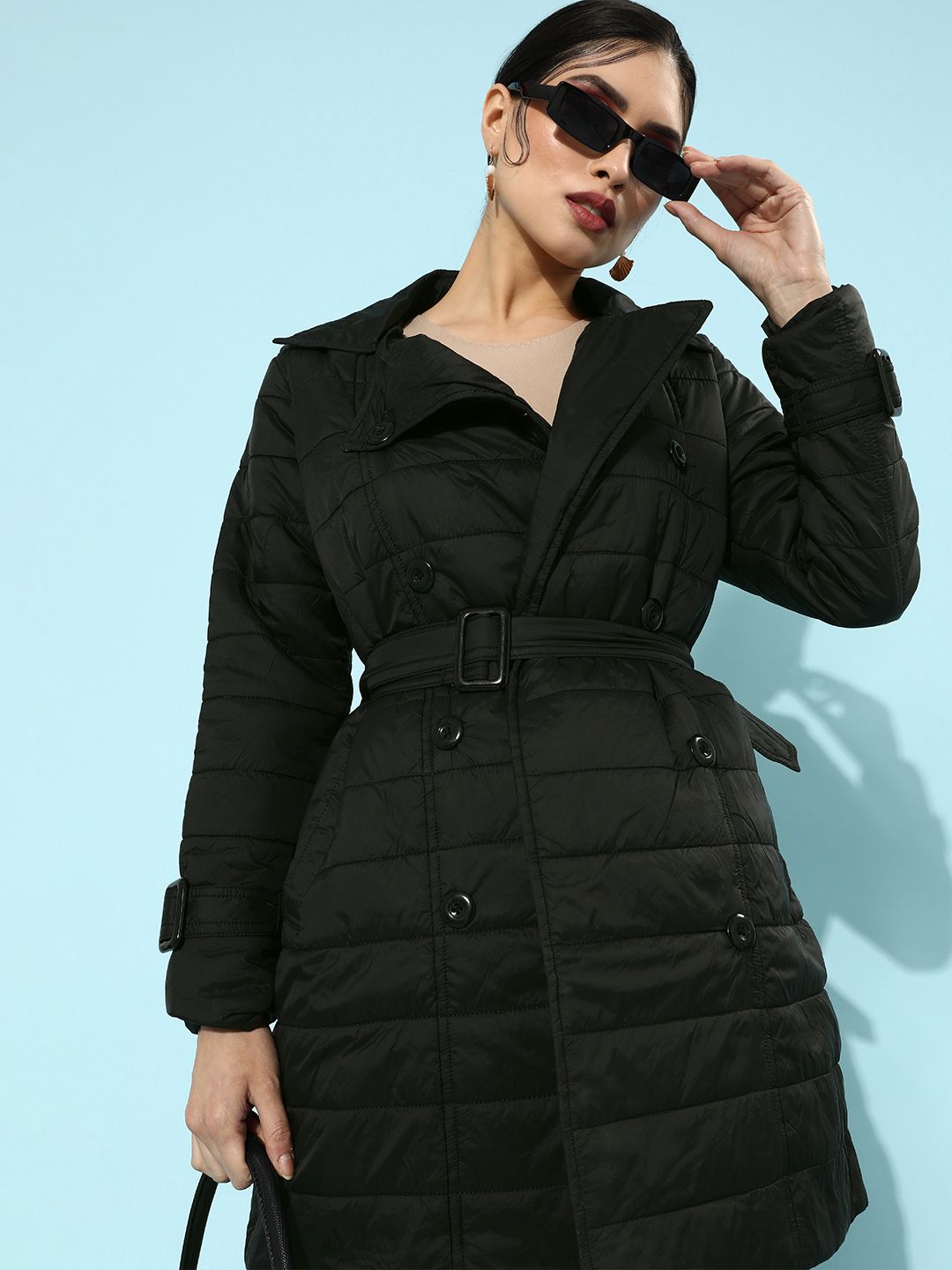 Zink London Women Black Longline Quilted Jacket Price in India