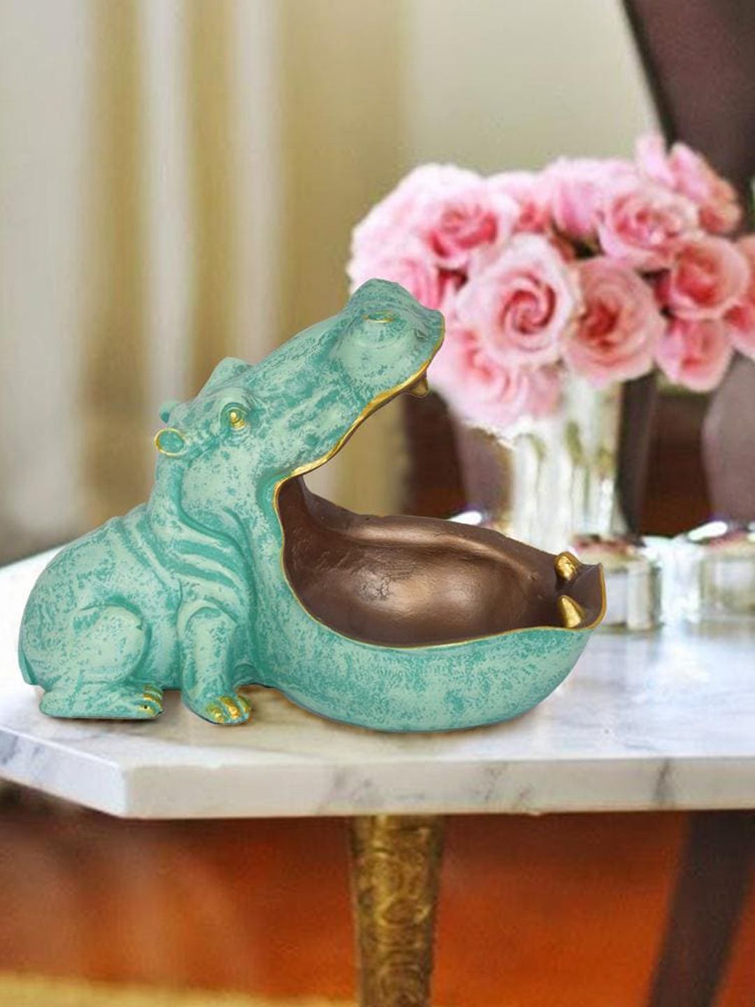 THE ARTMENT Sea-Green & Gold-Toned Hungry Hippo Storage Bowl Showpiece Price in India