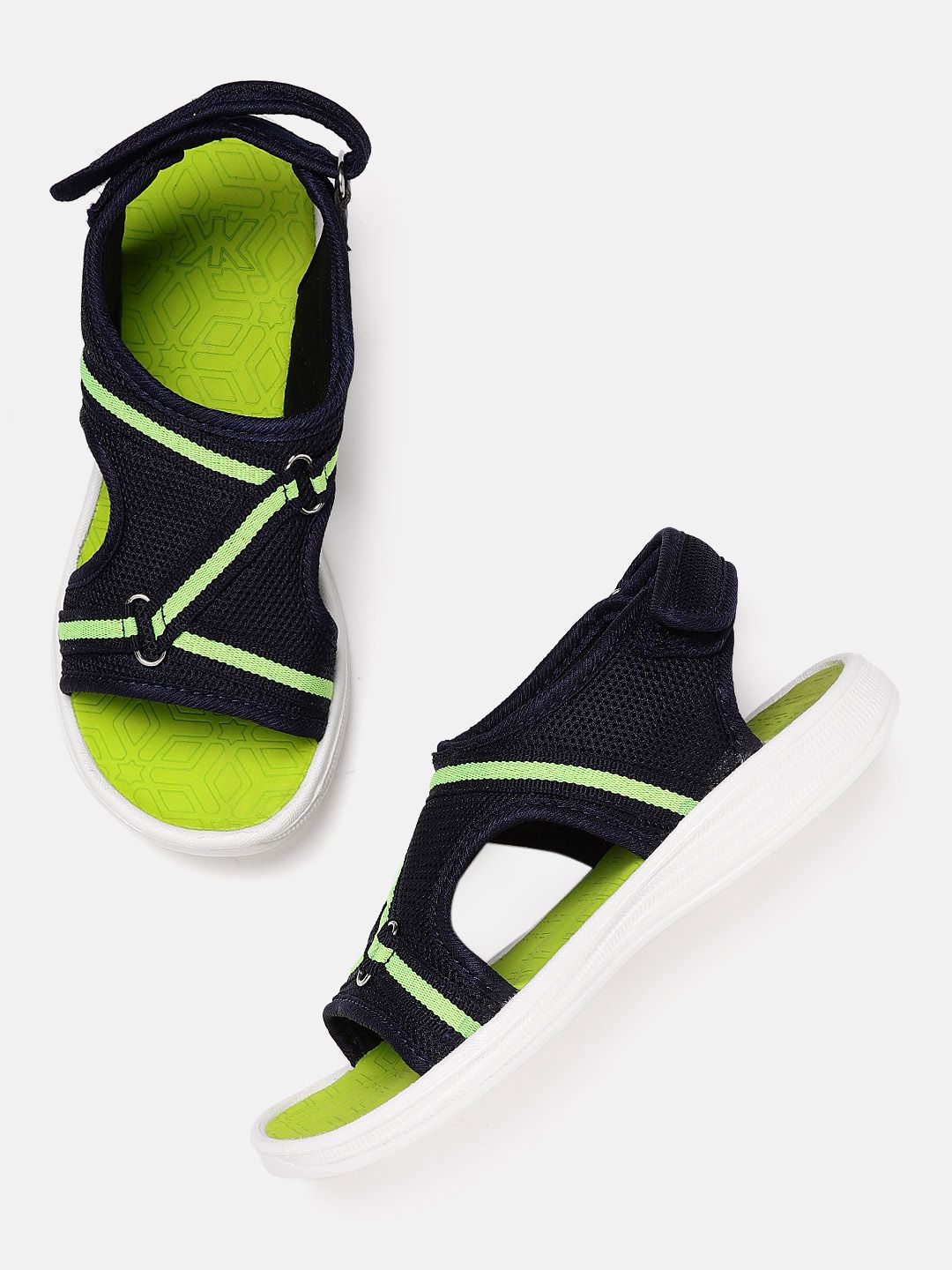 Kook N Keech Women Navy Blue & Neon Green Woven Design Sports Sandals with Cut-Out Price in India