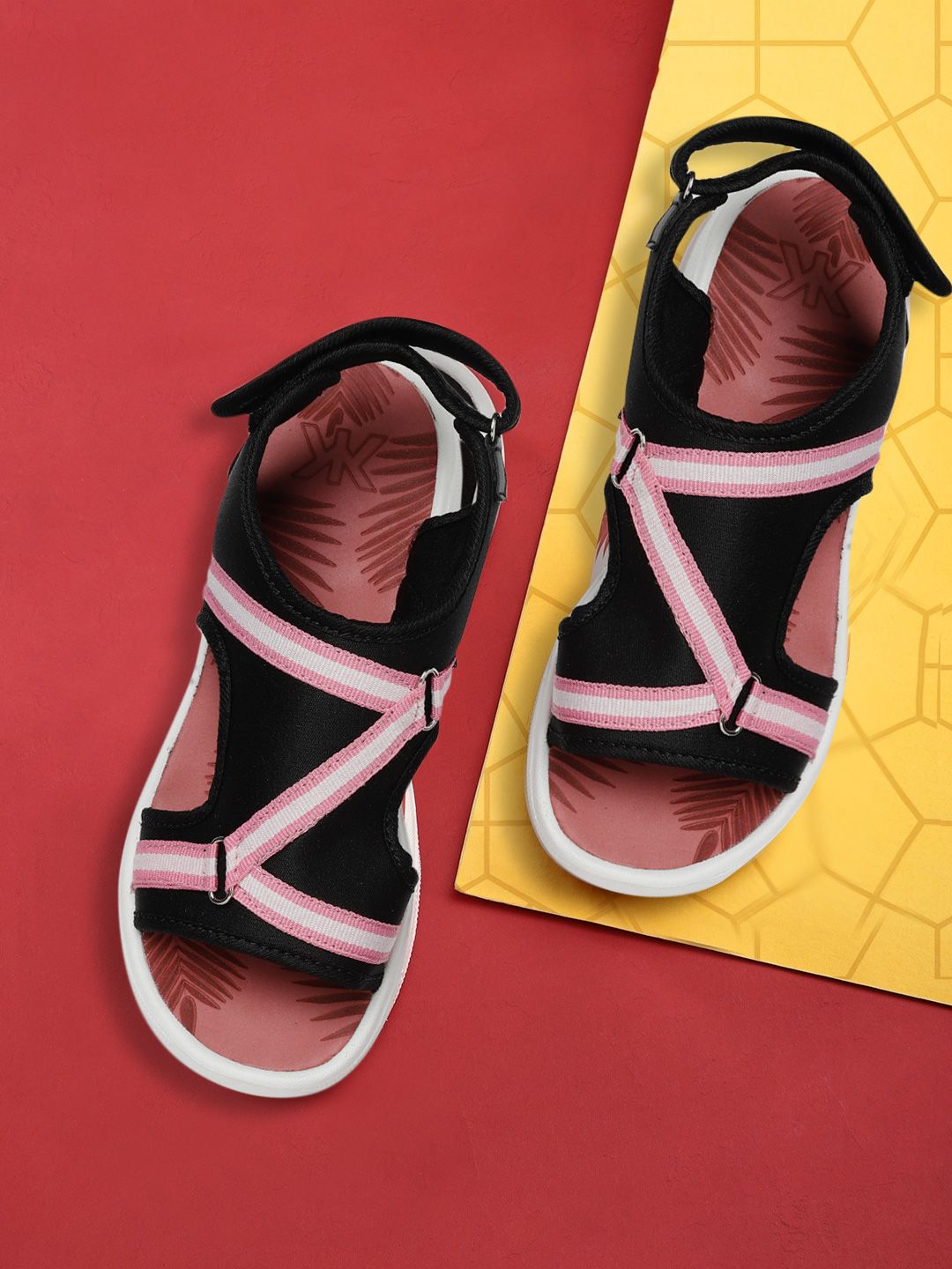 Kook N Keech Women Black & Pink Striped Sports Sandals Price in India