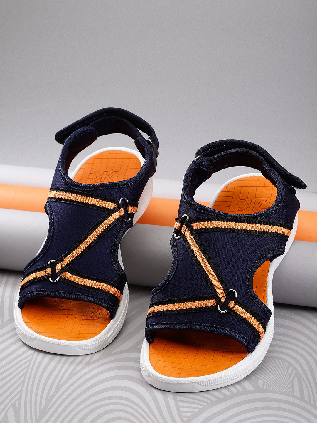 Kook N Keech Women Navy & Orange Striped Sports Sandals Price in India
