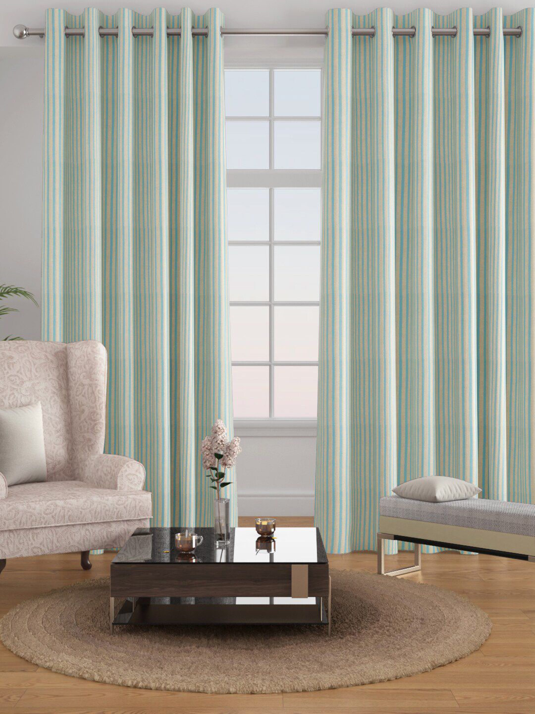 Raymond Home Blue & Gold-Toned Set of 2 Striped Door Curtain Price in India