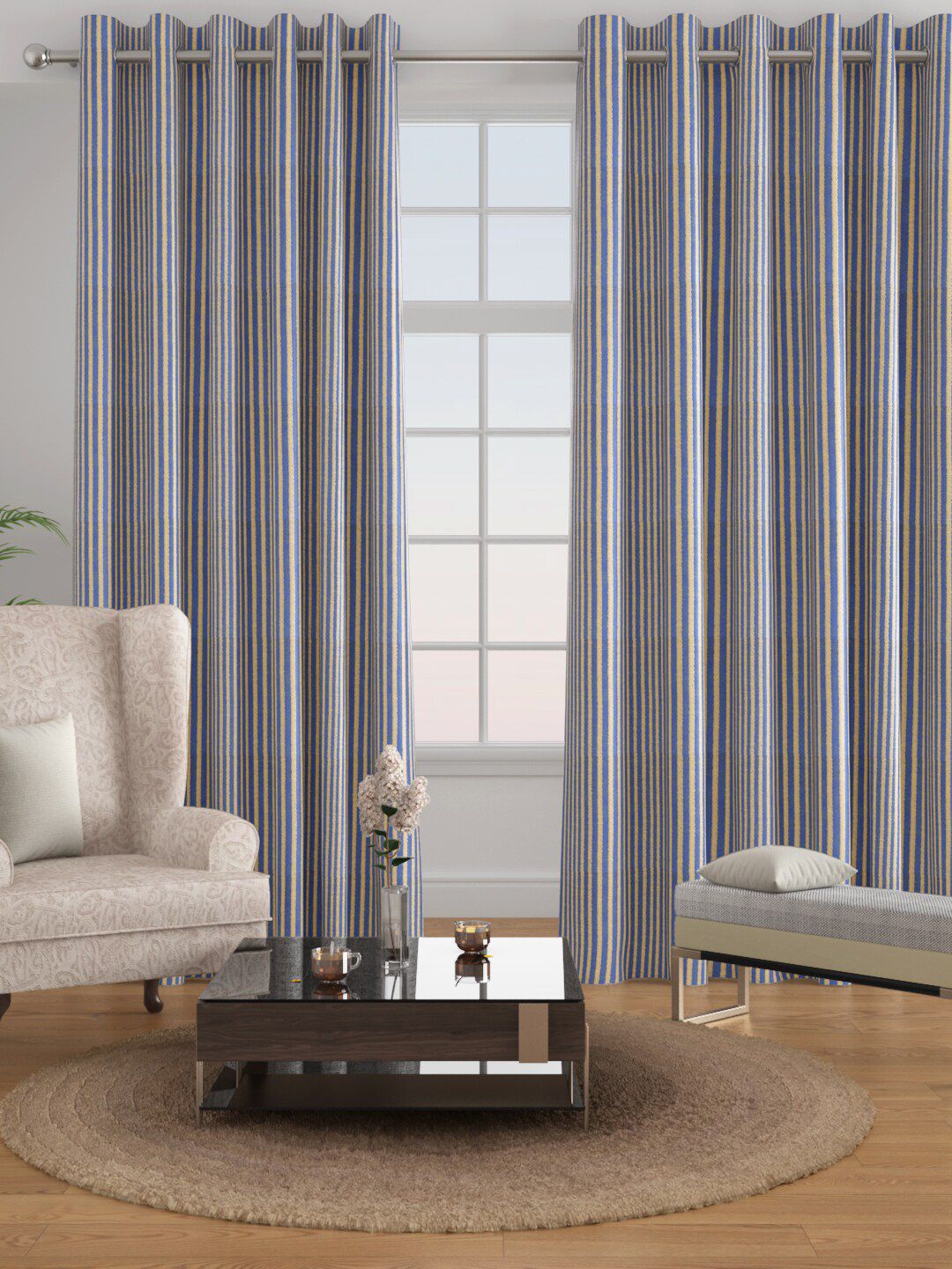 Raymond Home Blue & Gold-Toned Set of 2 Striped Door Curtain Price in India