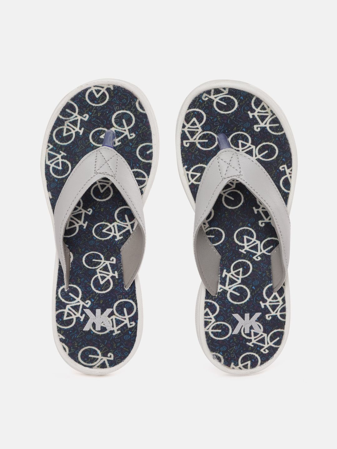 Kook N Keech Women Grey & Navy Blue Printed Thong Flip-Flops Price in India