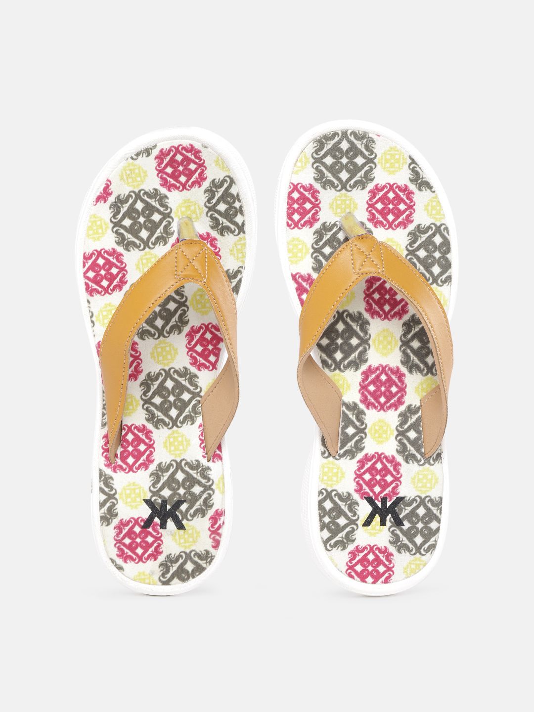 Kook N Keech Women Mustard & Pink Ethnic Printed Thong Flip-Flops Price in India