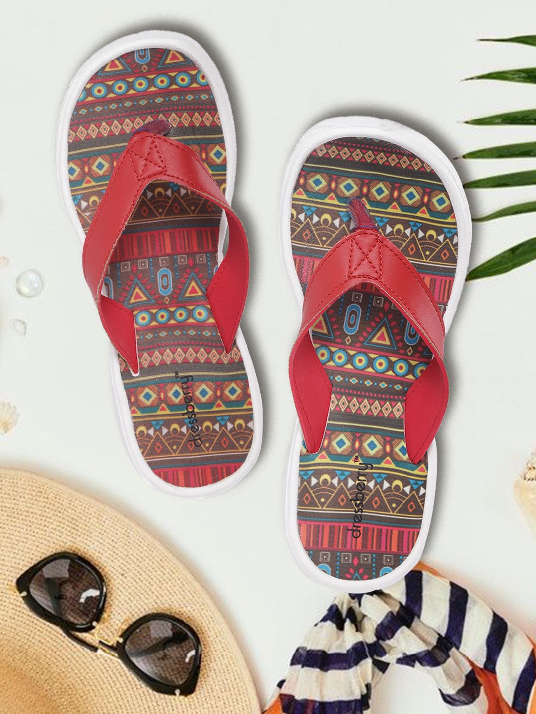 DressBerry Women Red & Yellow Printed Thong Flip-Flops Price in India
