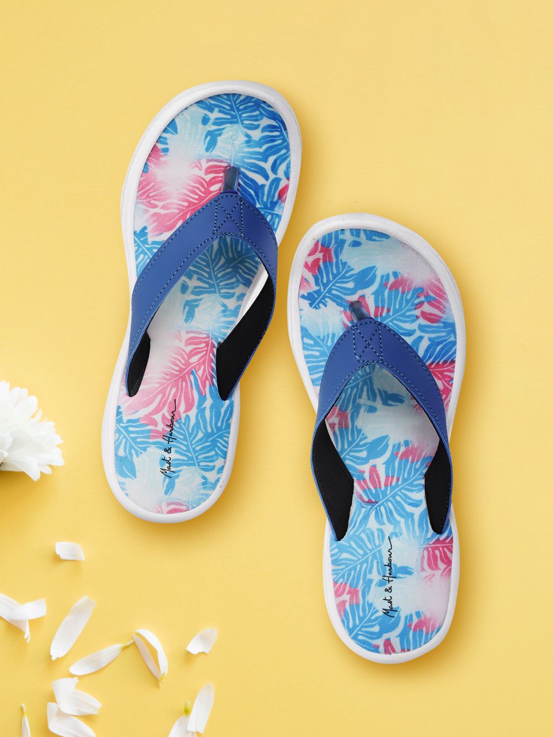 Mast & Harbour Women Blue & Pink Printed Flip-Flops Price in India