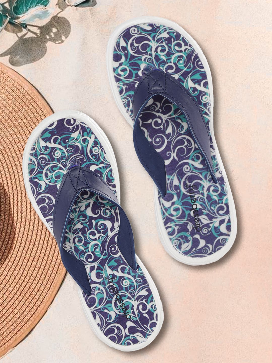 DressBerry Women Navy Blue & White Printed Thong Flip-Flops Price in India