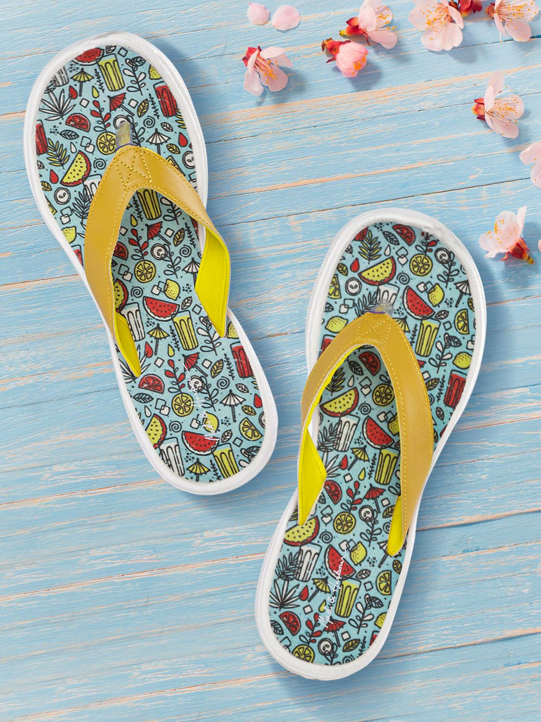 Mast & Harbour Women Yellow & Blue Printed Thong Flip-Flops Price in India