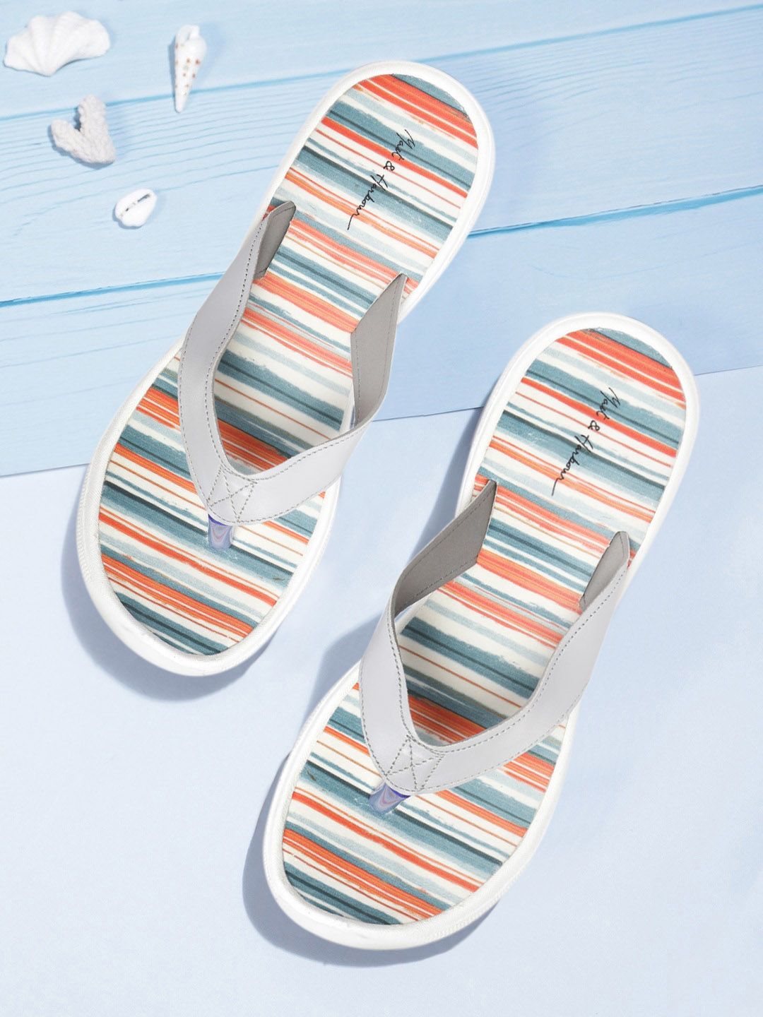 Mast & Harbour Women Grey & Blue Striped Thong Flip-Flops Price in India