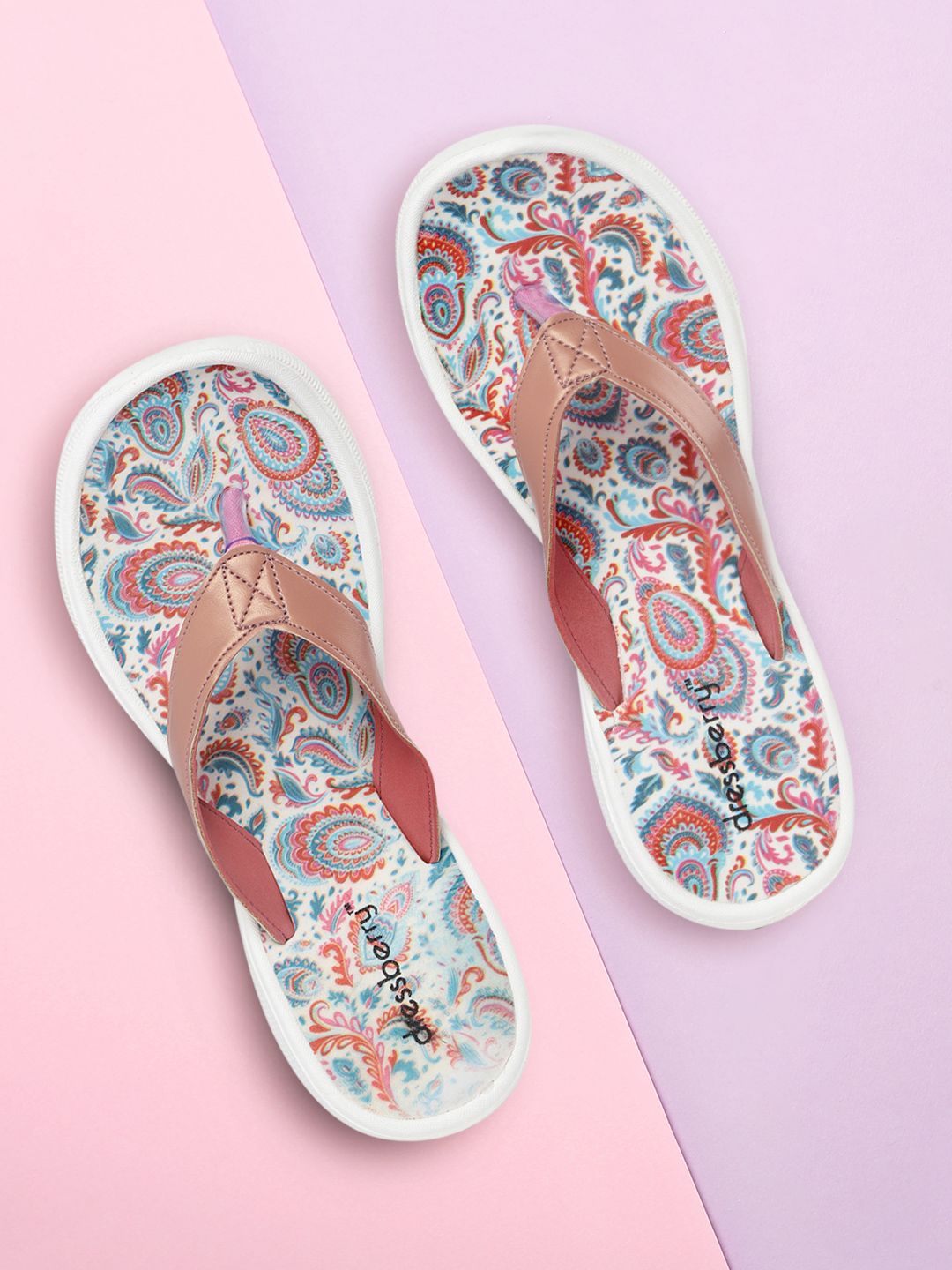 DressBerry Women Dusty Rose Pink & White Printed Thong Flip-Flops Price in India