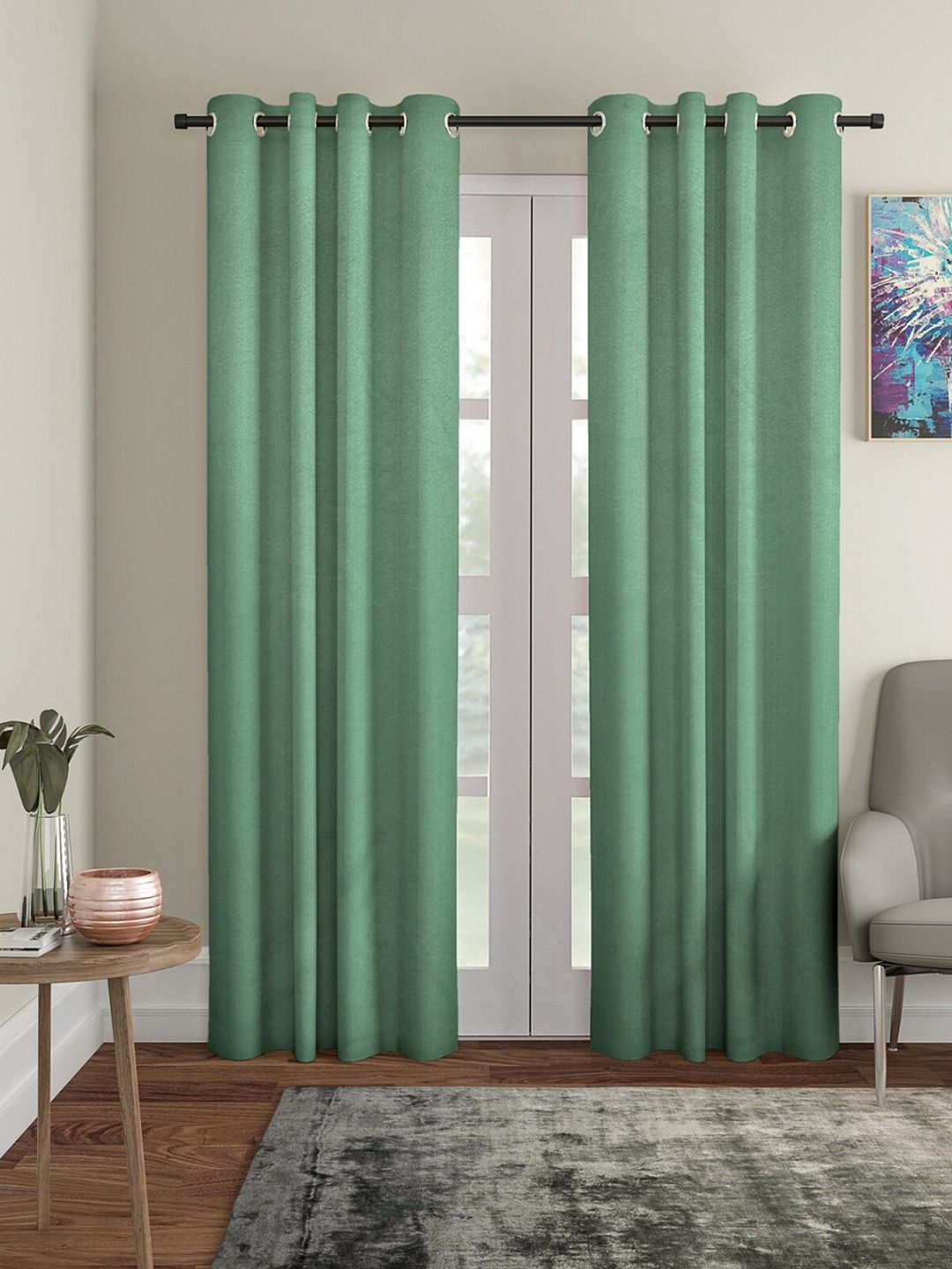 ROMEE Sea Green Set of 2 Satin Room Darkening Door Curtain Price in India