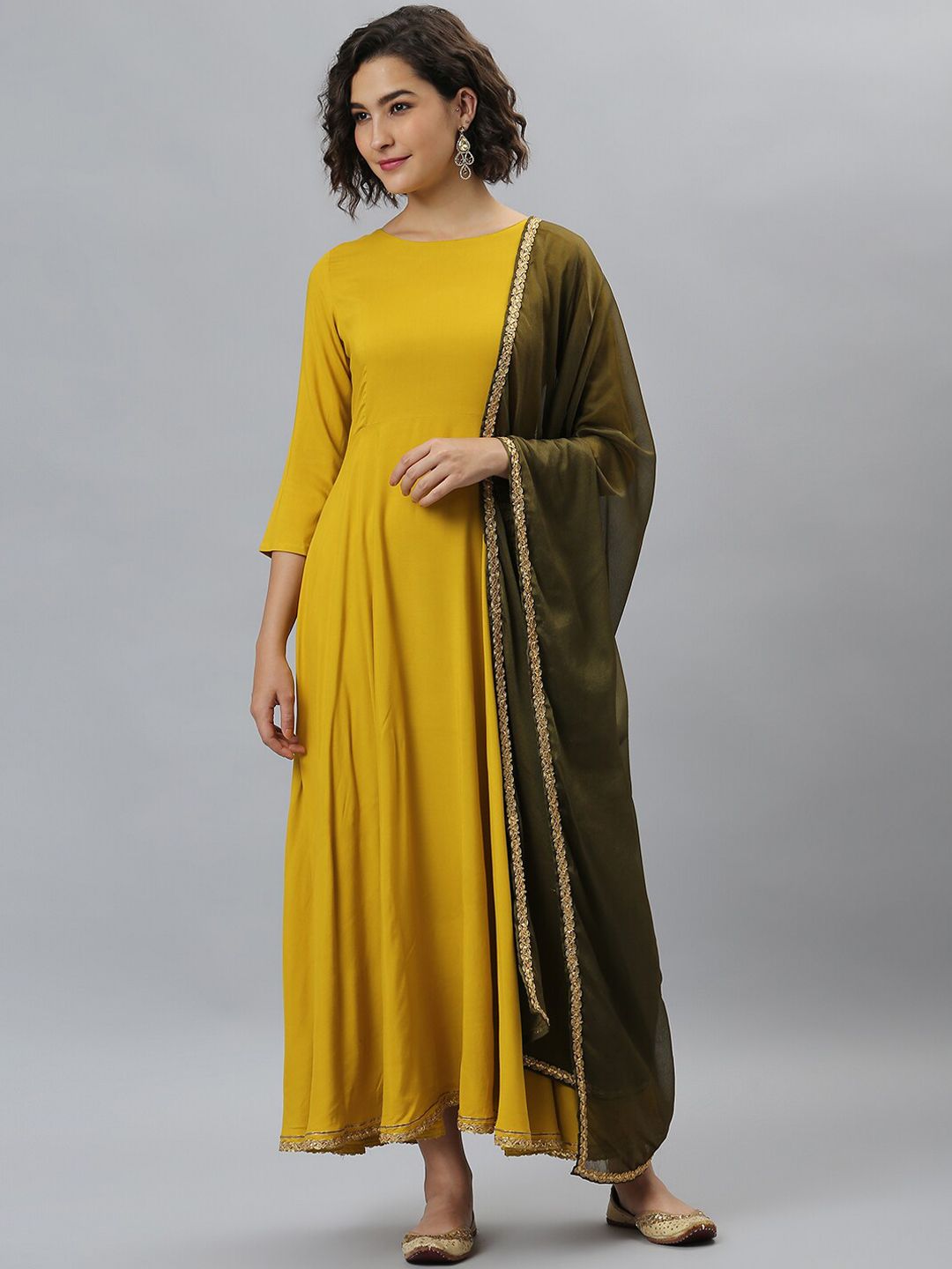 Janasya Mustard Yellow & Olive Green Liva Ethnic Midi Dress with Dupatta Price in India
