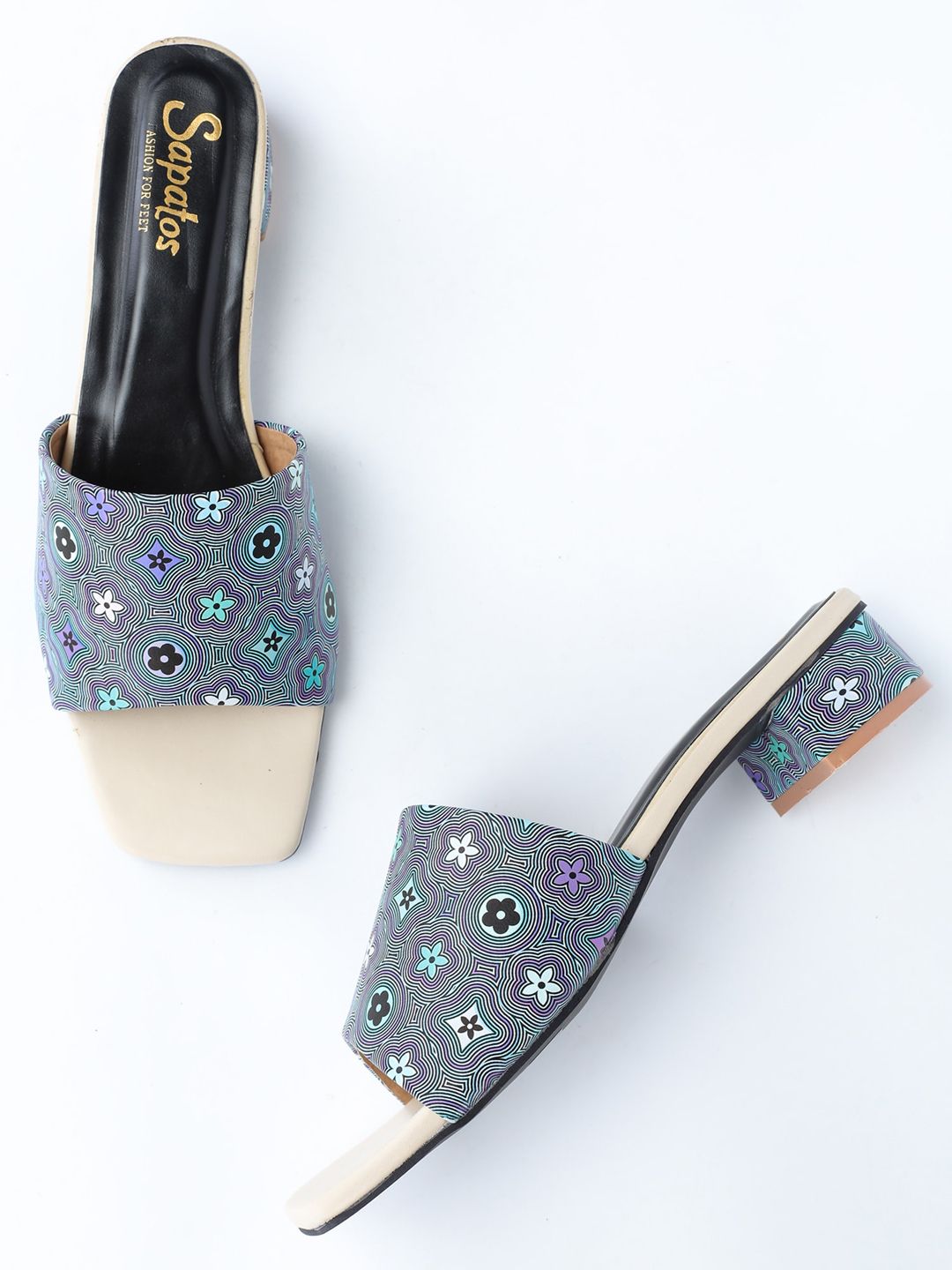 SAPATOS Blue Embellished Block Mules Price in India