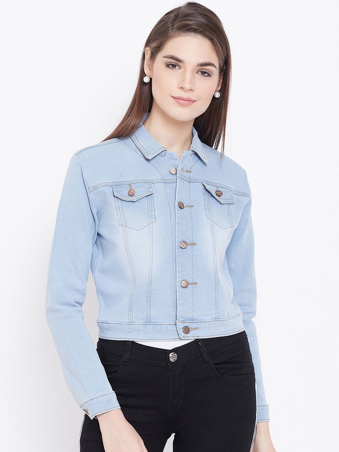 Nifty Women Blue Washed Crop Pure Cotton Denim Jacket Price in India