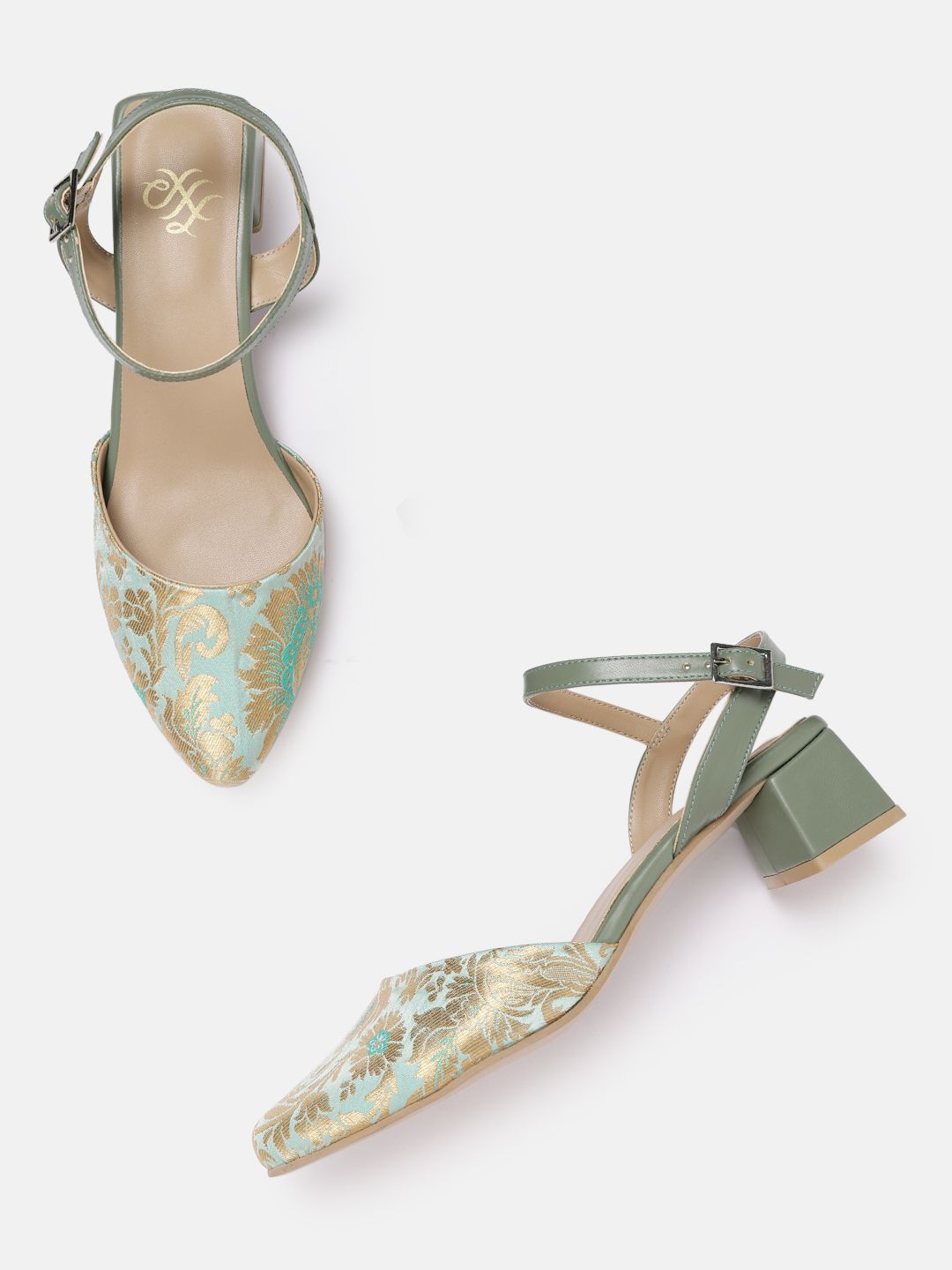 House of Pataudi Women Sea Green & Gold-Toned Woven Design Handcrafted Pumps Price in India