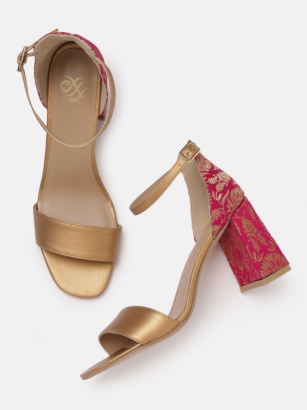 House of Pataudi Gold-Toned & Pink Woven Design Handcrafted Block Heels Price in India