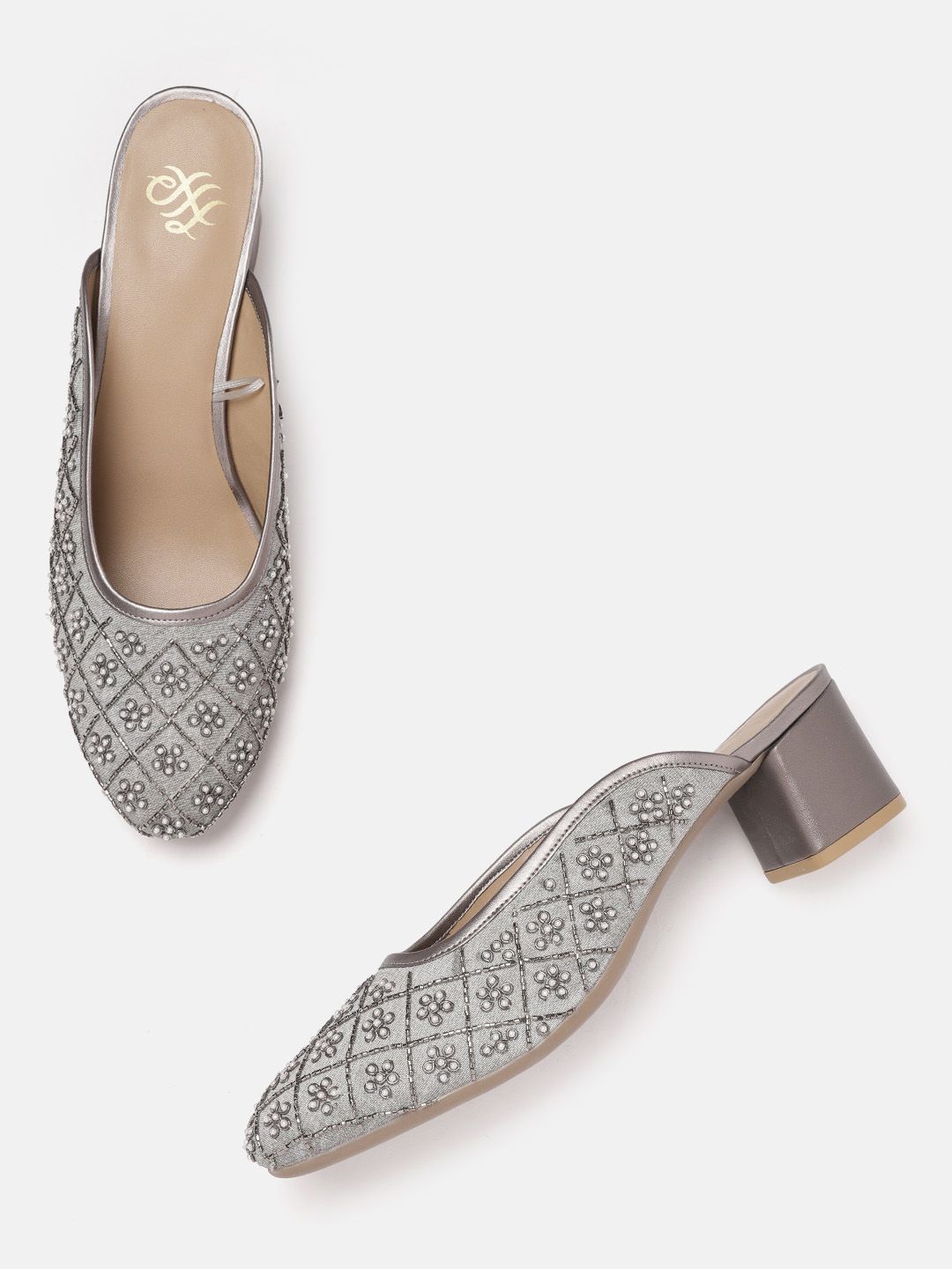 House of Pataudi Grey & & Silver-Toned Embellished Handcrafted Heeled Mules Price in India