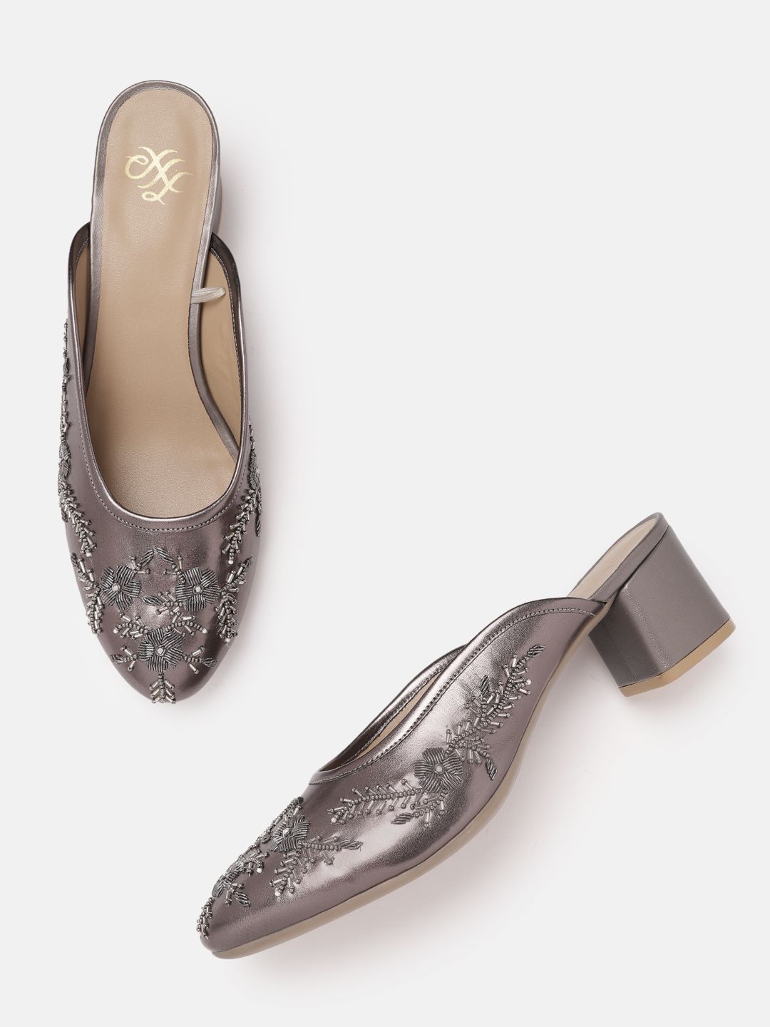 House of Pataudi Gunmetal-Toned & Silver-Toned Embellished Handcrafted Heeled Mules Price in India