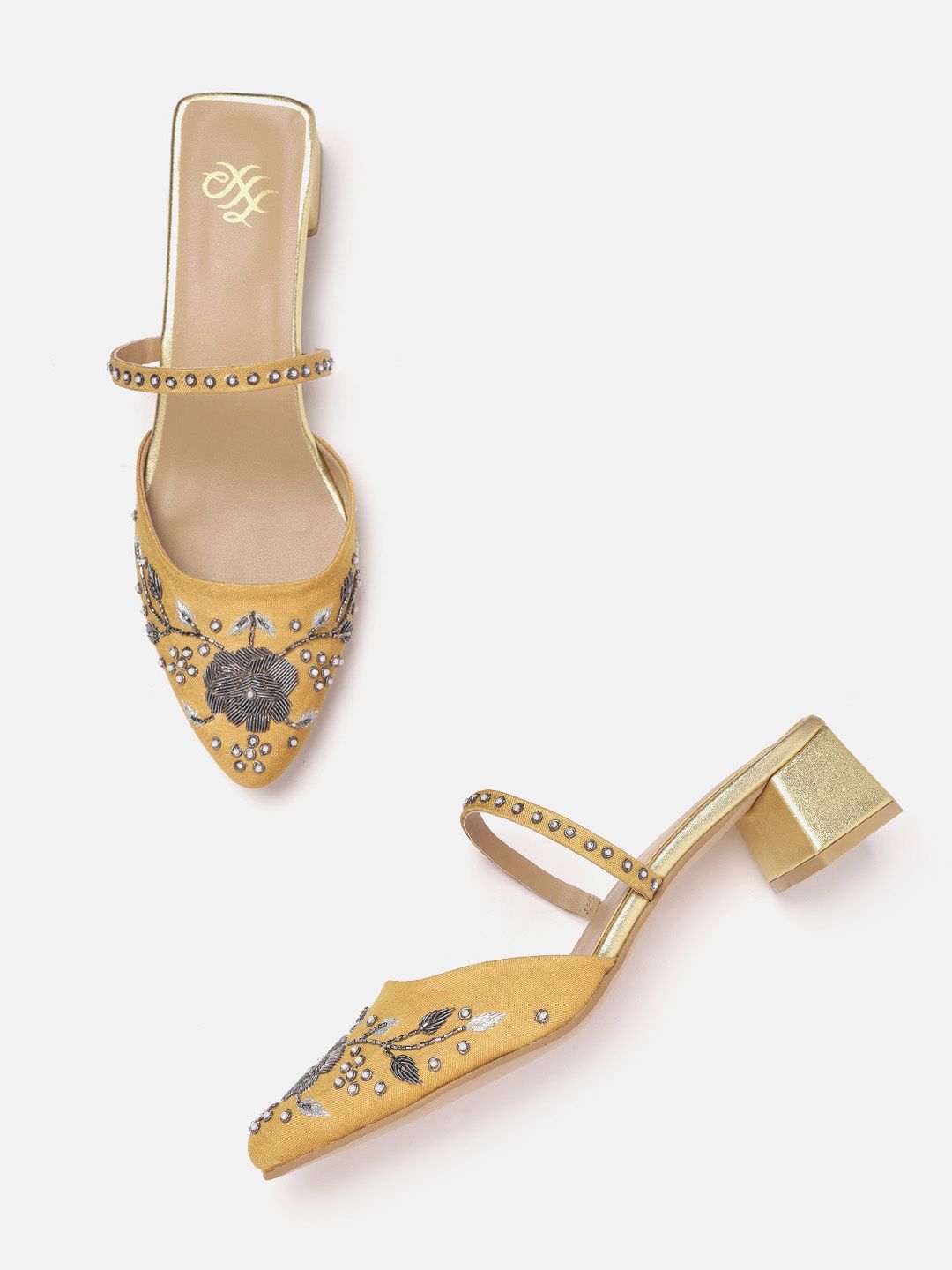 House of Pataudi Mustard Yellow & Silver-Toned Embellished Handcrafted Block Heels Price in India