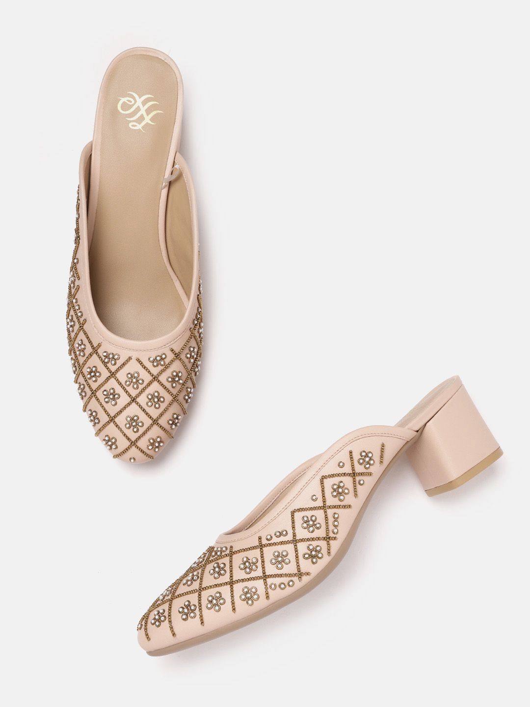 House of Pataudi Peach-Coloured & Gold-Toned Embellished Handcrafted Heeled Mules Price in India