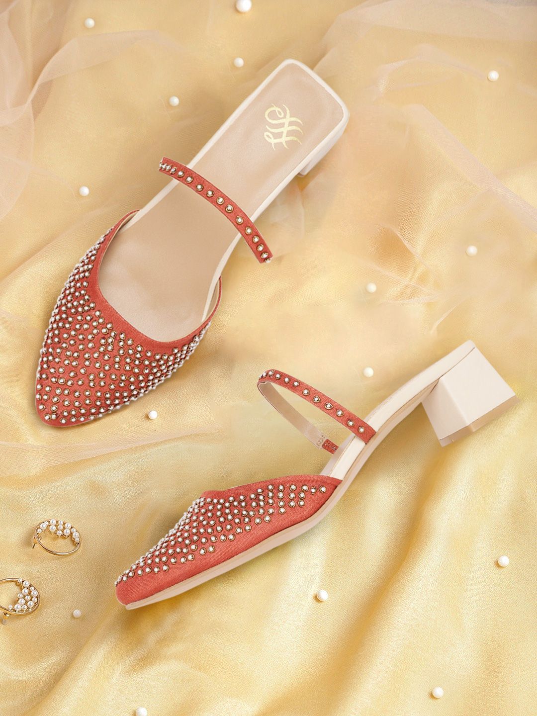 House of Pataudi Rust Red & Off- White Embellished Handcrafted Block Heels Price in India