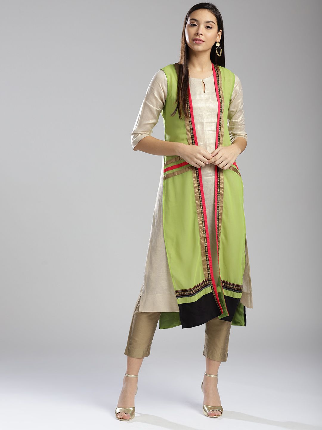W Green Sheer High Slit Longline Ethnic Jacket Price in India