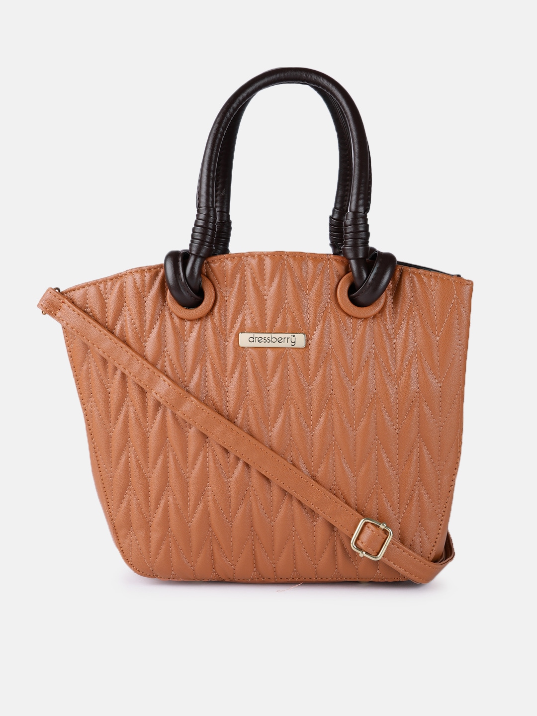 DressBerry Tan Brown Geometric Textured Structured Tote Bag Price in India